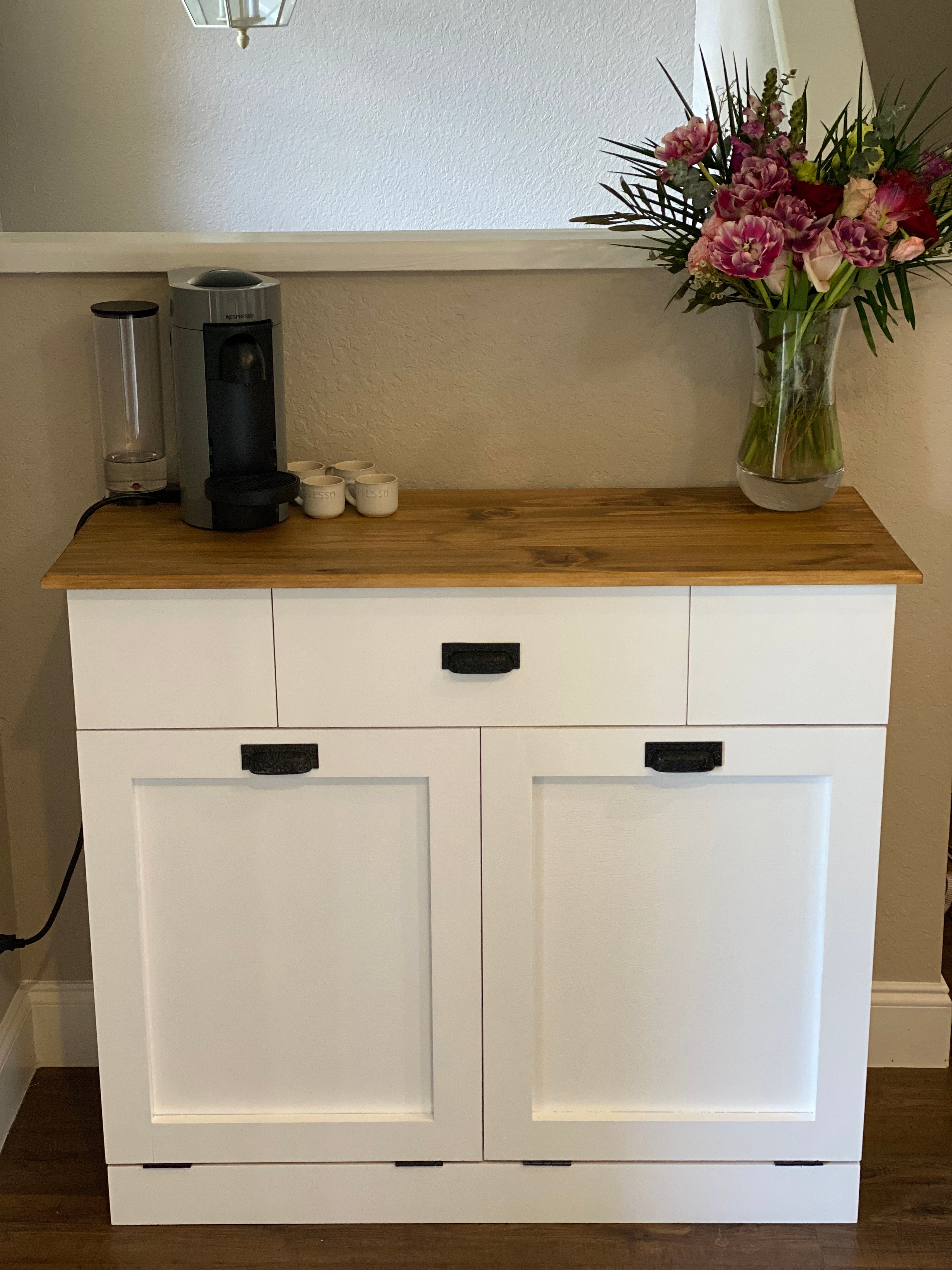 Single Trash Bin Cabinet, Tilt Out Doors, Wood Trash Recycle Bin